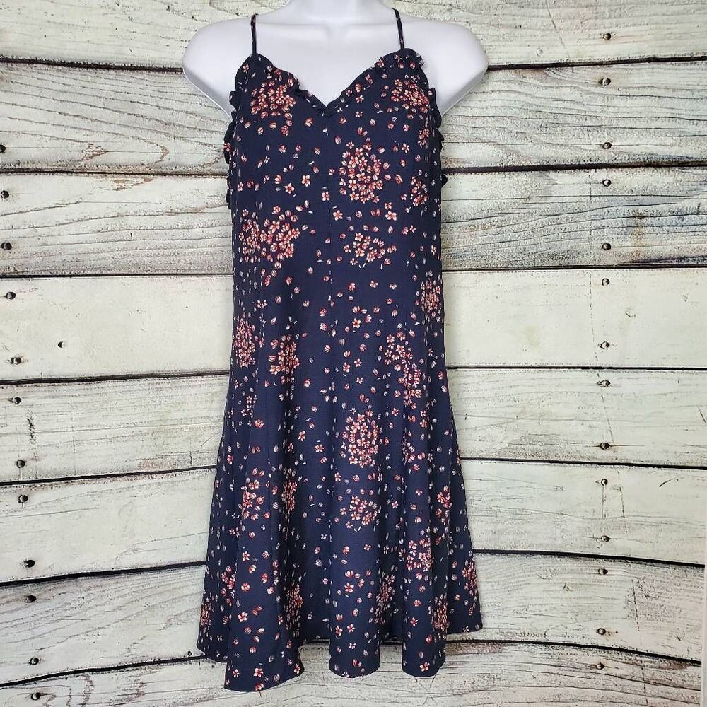 LOFT Outlet Navy Floral Ruffle Trim Sleeveless Dress Women’s Size 0 Fit & Flare